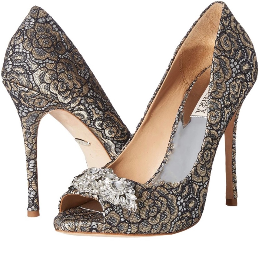 Embellished Lace Peep-Toe High Heels in Black & Gold
